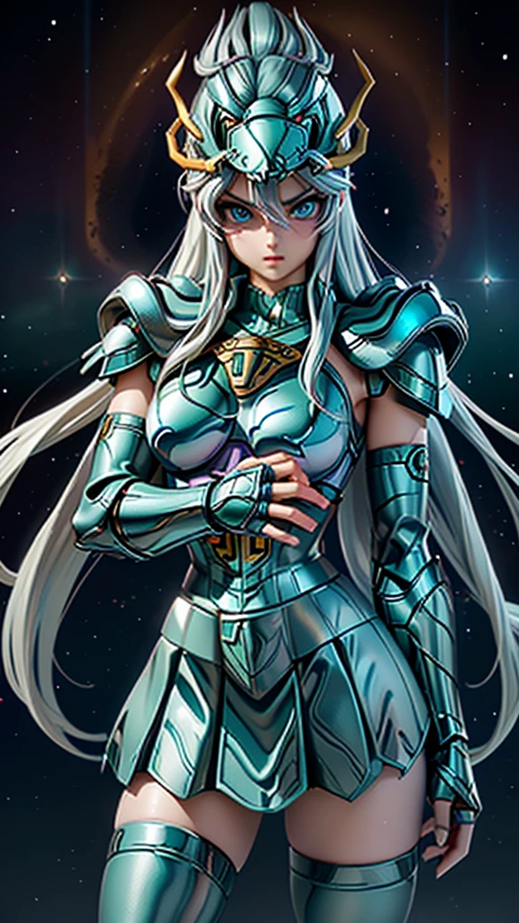 Masterpiece, Best Quality, ultra High resolution, textura de piel realist, armor, (fotorrealist:1.4), High resolution, raw photo, shiny skin, textura de piel realist, better lighting, shine, dramatic lighting, dynamic pose, (greek temple background:1.3), night sky, (cosmos) , (milky way:1.4) , 1 girl, (medium chest:1.1), balanced eyes,( Shiryu dragon with silver-green armor:1.4) ., purple pants, purple short sleeve shirt, (wearing dragon helmet:1.4) , (roman skirt plate:1.4) , (chest plate:1.5), very long hair, armor, neckline,score_9, score_8_up, score_7_up, score_6_up, rating_explicit, 1girl, ((18YO:1.2)), Adult, full lips, big clear eyes, light blue eyes, ((blond hair:1)), (long wavy hair: 1.2),(background ruins of Athens big stones :1.4), (fingers detailed:1.4 ), (armor metallic V2.1), (metallic realistic :1.4),( armor plastic transparent :1.4), (apocalyptic ruins background:1.4), (UHD 8k),( realistic V2.1), (BodySuit nylons:1.4 ), (Masterpiece: 1.4), (8k, realist, raw photo, La Best Quality: 1.4),(gigante dragon white realistic:1.4), (dragon V2.1), (perfect anatomy), (Face details: 1.5, bright blue eyes, beautiful face, pretty eyes, Iris contour, thin lips: 1.5, Thin, sharp pale eyebrows, Long, dark eyelashes, double tabs),