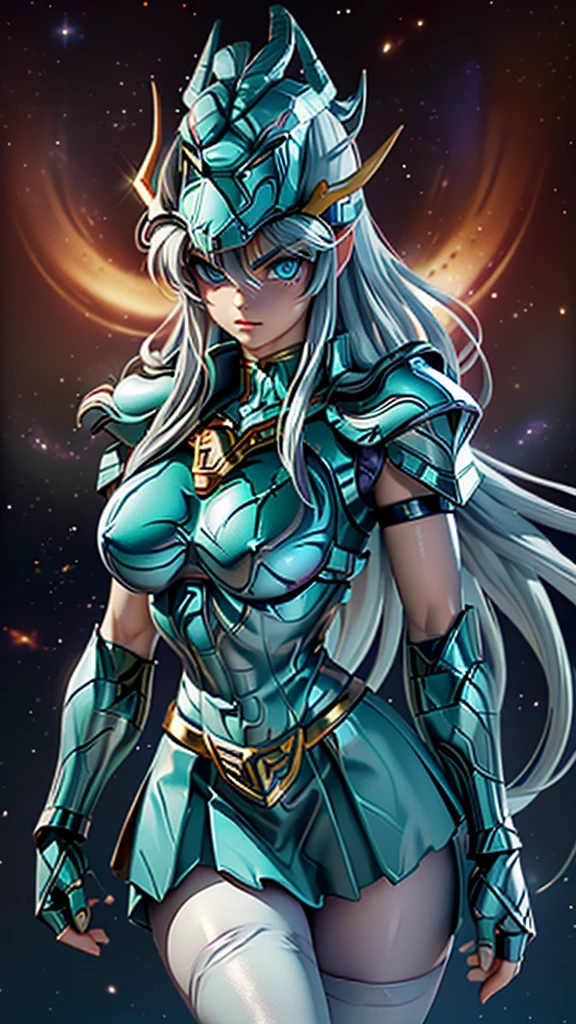 Masterpiece, Best Quality, ultra High resolution, textura de piel realist, armor, (fotorrealist:1.4), High resolution, raw photo, shiny skin, textura de piel realist, better lighting, shine, dramatic lighting, dynamic pose, (greek temple background:1.3), night sky, (cosmos) , (milky way:1.4) , 1 girl, (medium chest:1.1), balanced eyes,( Shiryu dragon with silver-green armor:1.4) ., purple pants, purple short sleeve shirt, (wearing dragon helmet:1.4) , (roman skirt plate:1.4) , (chest plate:1.5), very long hair, armor, neckline,score_9, score_8_up, score_7_up, score_6_up, rating_explicit, 1girl, ((18YO:1.2)), Adult, full lips, big clear eyes, light blue eyes, ((blond hair:1)), (long wavy hair: 1.2),(background ruins of Athens big stones :1.4), (fingers detailed:1.4 ), (armor metallic V2.1), (metallic realistic :1.4),( armor plastic transparent :1.4), (apocalyptic ruins background:1.4), (UHD 8k),( realistic V2.1), (BodySuit nylons:1.4 ), (Masterpiece: 1.4), (8k, realist, raw photo, La Best Quality: 1.4),(gigante dragon white realistic:1.4), (dragon V2.1), (perfect anatomy), (Face details: 1.5, bright blue eyes, beautiful face, pretty eyes, Iris contour, thin lips: 1.5, Thin, sharp pale eyebrows, Long, dark eyelashes, double tabs),