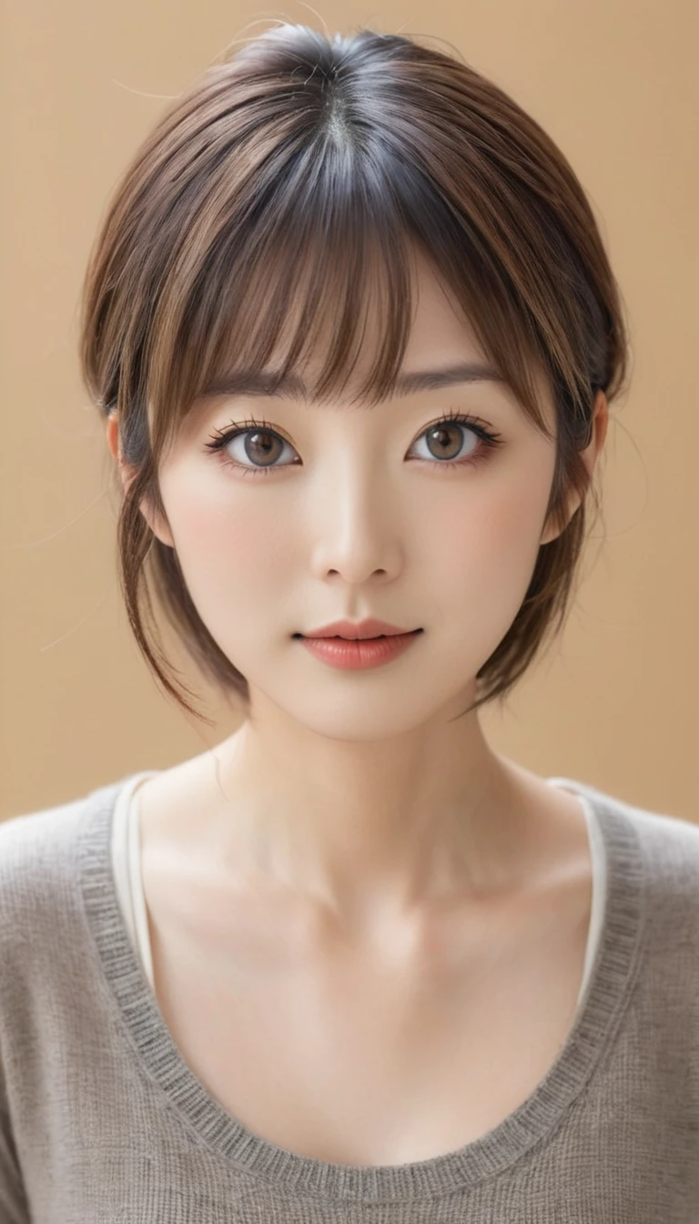 realistic portrait of a  Japanese woman with short, with a high nose, light brown hair, and bangs. Narrow eyes and high nose, She has large, expressive eyes, The background is simple and plain. The image includes eccentric elements such as subtle , with a beautiful face, cute and dreamy expression, and a happy expression 