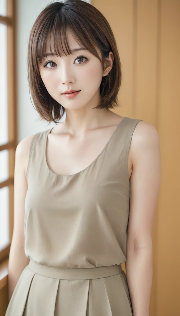 realistic portrait of a  Japanese woman with short, with a high nose, light brown hair, and bangs. Narrow eyes and high nose, She has large, expressive eyes, The background is simple and plain. The image includes eccentric elements such as subtle , with a beautiful face, cute and dreamy expression, and a happy expression 
