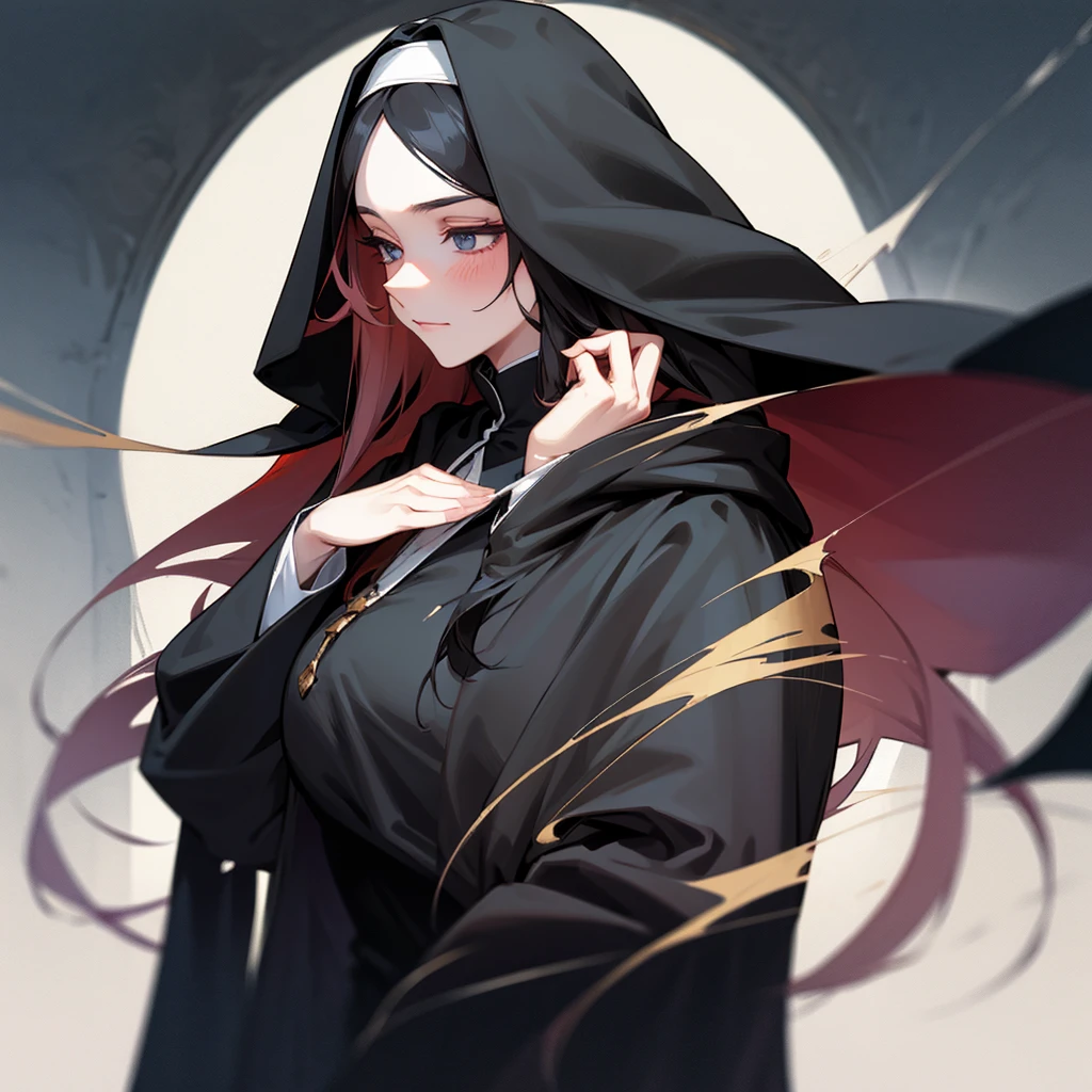Beautiful lady, with black long hair, nun, scratches on face, Black Closed Clothing, Large cloak, costs