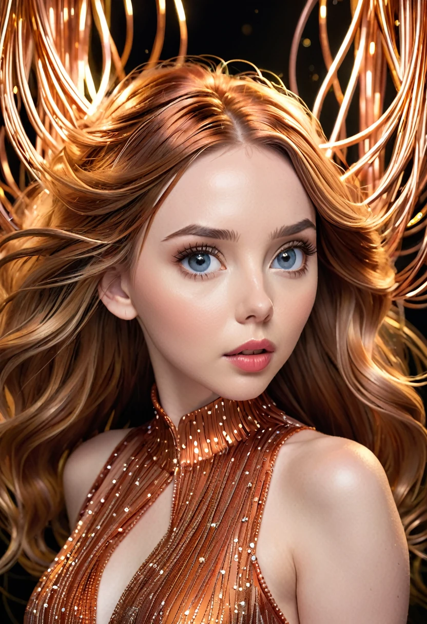 A stunning woman with hair made of intricate copper wires, cascading down like a metallic waterfall. She wears a dress fashioned from delicate, interwoven copper wires, glinting under the light. Her visage is a mesmerizing blend of Alison Brie, Scarlett Johansson, and Dove Cameron, creating a unique, symmetrical face that exudes elegance and grace. The entire scene is rendered in photorealistic quality, capturing every fine detail with stunning clarity. The overall artwork is a masterpiece, presented in 8K high resolution, showcasing the top-quality craftsmanship and artistic vision.