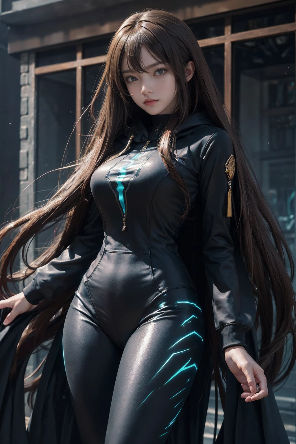 High quality, high resolution, the touch of a popular manga artist, a masterpiece. A woman with long flowing brown hair and blue eyes, a dark fantasy character in a striking digital illustration. She wears a shiny fluorescent yellow hoodie accented with a unique, symmetrical design and skin-tight black leggings. The enigmatic figure has a confident and dominant presence against the backdrop of towering buildings, dark ambient glow of city lights, in a blurred and mysterious space. The image is rendered in a high-quality 3D style that blends elements of fashion and fantasy to provide a captivating visual experience.