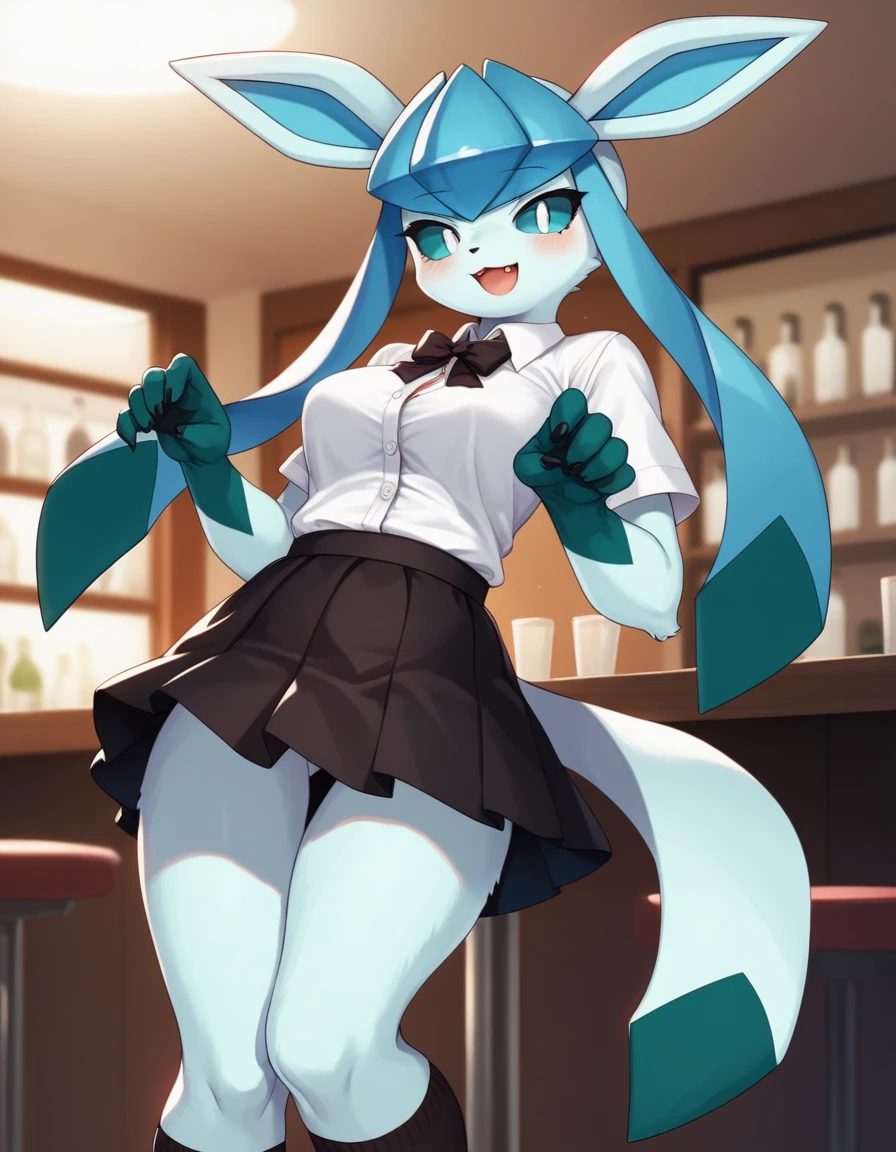 Solo, score_9,score_8_up,score_7_up, source_furry, kemono style, an Anthro furry Glaceon female, blue sclera, white eyes, furry head, tall slender body, hourglass figure, wearing white button up shirt, black skirt, thigh high socks, in a cafe, simplified background, eyes half open, bashful pose, fidgeting with her skirt, standing, looking at viewer, open mouth smile, blushing