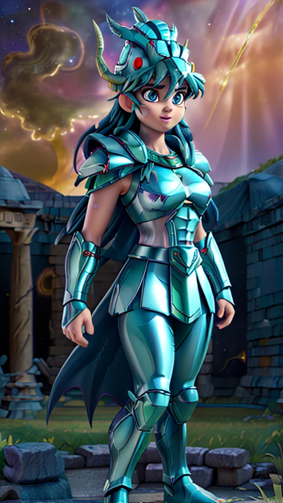 Masterpiece, Best Quality, ultra High resolution, textura de piel realist, armor, (fotorrealist:1.4), High resolution, raw photo, shiny skin, textura de piel realist, better lighting, shine, dramatic lighting, dynamic pose, (greek temple background:1.3), night sky, (cosmos) , (milky way:1.4) , 1 girl, (medium chest:1.1), balanced eyes,( Shiryu dragon with silver-green armor:1.4) ., purple pants, purple short sleeve shirt, (wearing dragon helmet:1.4) , (roman skirt plate:1.4) , (chest plate:1.5), very long hair, armor, neckline,score_9, score_8_up, score_7_up, score_6_up, rating_explicit, 1girl, ((18YO:1.2)), Adult, full lips, big clear eyes, light blue eyes, ((blond hair:1)), (long wavy hair: 1.2),(background ruins of Athens big stones :1.4), (fingers detailed:1.4 ), (armor metallic V2.1), (metallic realistic :1.4),( armor plastic transparent :1.4), (apocalyptic ruins background:1.4), (UHD 8k),( realistic V2.1), (BodySuit nylons:1.4 ), (Masterpiece: 1.4), (8k, realist, raw photo, La Best Quality: 1.4),(gigante dragon white realistic:1.4), (dragon V2.1), (perfect anatomy), (Face details: 1.5, bright blue eyes, beautiful face, pretty eyes, Iris contour, thin lips: 1.5, Thin, sharp pale eyebrows, Long, dark eyelashes, double tabs),