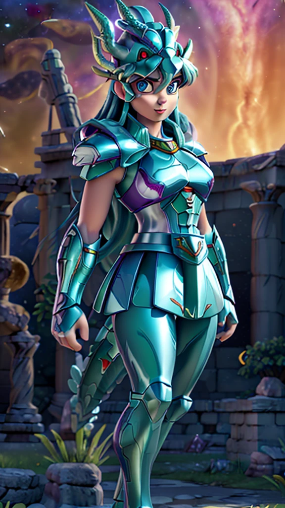 Masterpiece, Best Quality, ultra High resolution, textura de piel realist, armor, (fotorrealist:1.4), High resolution, raw photo, shiny skin, textura de piel realist, better lighting, shine, dramatic lighting, dynamic pose, (greek temple background:1.3), night sky, (cosmos) , (milky way:1.4) , 1 girl, (medium chest:1.1), balanced eyes,( Shiryu dragon with silver-green armor:1.4) ., purple pants, purple short sleeve shirt, (wearing dragon helmet:1.4) , (roman skirt plate:1.4) , (chest plate:1.5), very long hair, armor, neckline,score_9, score_8_up, score_7_up, score_6_up, rating_explicit, 1girl, ((18YO:1.2)), Adult, full lips, big clear eyes, light blue eyes, ((blond hair:1)), (long wavy hair: 1.2),(background ruins of Athens big stones :1.4), (fingers detailed:1.4 ), (armor metallic V2.1), (metallic realistic :1.4),( armor plastic transparent :1.4), (apocalyptic ruins background:1.4), (UHD 8k),( realistic V2.1), (BodySuit nylons:1.4 ), (Masterpiece: 1.4), (8k, realist, raw photo, La Best Quality: 1.4),(gigante dragon white realistic:1.4), (dragon V2.1), (perfect anatomy), (Face details: 1.5, bright blue eyes, beautiful face, pretty eyes, Iris contour, thin lips: 1.5, Thin, sharp pale eyebrows, Long, dark eyelashes, double tabs),