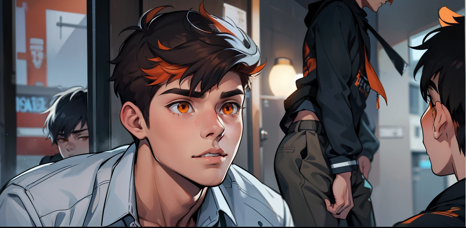two young men of 18 years walk sad worried thoughtful through high school orange hair orange eyes