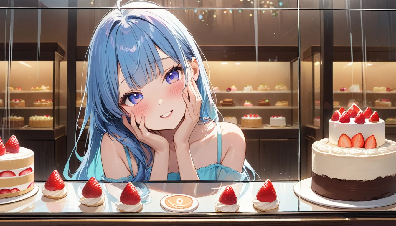 masterpiece, best quality, extremely detailed, (illustration, official art:1.1),adorable face、 1 girl ,(((( light blue long hair)))),pale blue hair,, long hair ((blush)) , cute face, big eyes, masterpiece, best quality,(((((a very delicate and beautiful girl))))),Amazing,beautiful detailed eyes,blunt bangs((((little delicate girl)))),tareme(true beautiful:1.2), sense of depth,dynamic angle,,,, affectionate smile, (true beautiful:1.2),,(tiny 1girl model:1.2),)(flat chest)、(8k, RAW photo, best quality, masterpiece, highres, absurdres, ultra detailed: 1.3), (Photography, realistic, photo-realistic: 1.4), (beautiful natural lighting,  beautiful detailed glow: 1.4),

BREAK 1 beautiful girl, (Cute: 1.5), (Chibi: 0.5), (kawaii: 2), (change: 2), , (Solo: 1.65), BREAK, (flat chest), Clear skin, , (, long eyelashes, Double eyelids: 1.4), Shiny skin, BREAK, , (curious look, blush: 1.45), ((((head tilt:1.2)))),(embarrassed),

BREAK

, (, A girl makes an enchanting face while pressing her face against the glass in front of a cake shop's showcase: 1.65)),
BREAK WAKAME, WAKAME, (cowboy shot, from side: 1.4), 