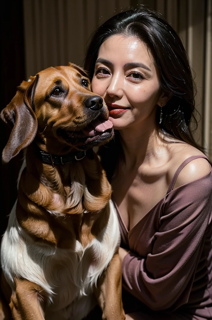 (masterpiece:1.4),((1 woman and 1 dog : 1.5)), (((portrait of mature woman and her big dog : 1.4))), (65-year-old woman:1.5), (Facial wrinkles : 1.2), Nasolabial folds, (looking at viewer : 1), (smirking : 1.3), pores, dull skin, skin blemishes, (short hair), large saggy breasts, plump body, (elegant lady), (classy formal dress), detailed backgrounds, (Old Western-style building), (dim atmosphere), gloomy, dark lighting, (dog's tongue), plump thigh, petting a dog
