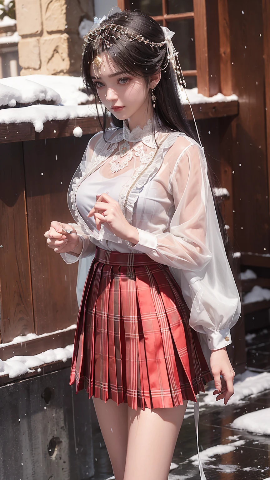 ((Smile))、confuse、original photo、(((The Ultimate Portrait Masterpiece)))、((The cutest girl in the world))、1 girl、18 years old、Japanese、Cute face、((Silky hair))、((The eyes shine like jewels))、Radiant Skin、(Young woman;Composed of transparent white shirt, Thin band, Casual suits, Breathable plaid pleated skirt.:1.5)、Winter clothes、(Made of high-quality fabrics, Breathable fabric:1.4)、Extremely sophisticated、(She shyly pulled up her skirt:1)、(Breathable lace is clearly visible.:1.3)、((Crotch viewed from the front))、Skirt fluttering in the wind、Eyeliner、Beautiful bangs、Hair between the eyes、((solve、high resolution))、Detailed background、8 QHD、Digital SLR Camera、Soft Light、high solve、Film Grain、Fuji XT3、Shallow depth of field、Natural Soft Light、Tight waist,(Sometimes underskirt:3%),(Nipple suction:20% or suction:5%),(Wet by the snow:50% Or get wet by heavy rain:50%),(Long hair),Gray Eyes,Cover your chest with your hands