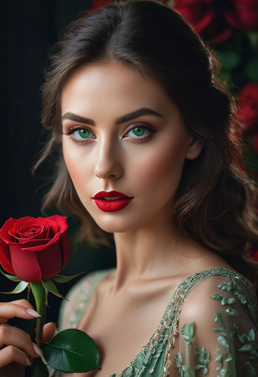 a woman with green eyes, flawless skin, half body shot, holding a red rose, whimsical photography style, captured with an Arriflex 35BL camera using Canon K25 prime lenses, cinematic, dramatic lighting, ultra clear, breathtaking surreal masterpiece.
