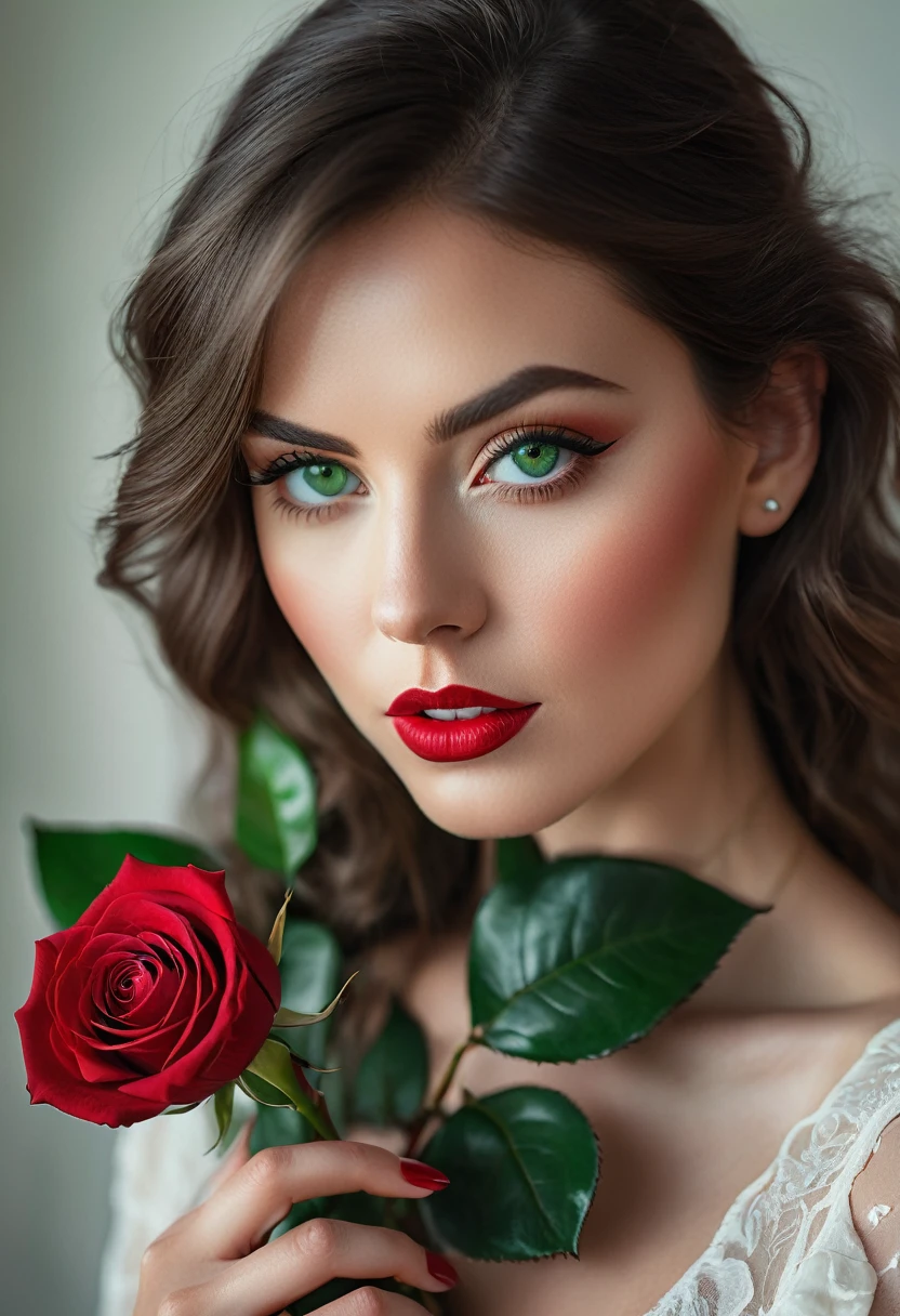 a woman with green eyes, flawless skin, half body shot, holding a red rose, whimsical photography style, captured with an Arriflex 35BL camera using Canon K25 prime lenses, cinematic, dramatic lighting, ultra clear, breathtaking surreal masterpiece.