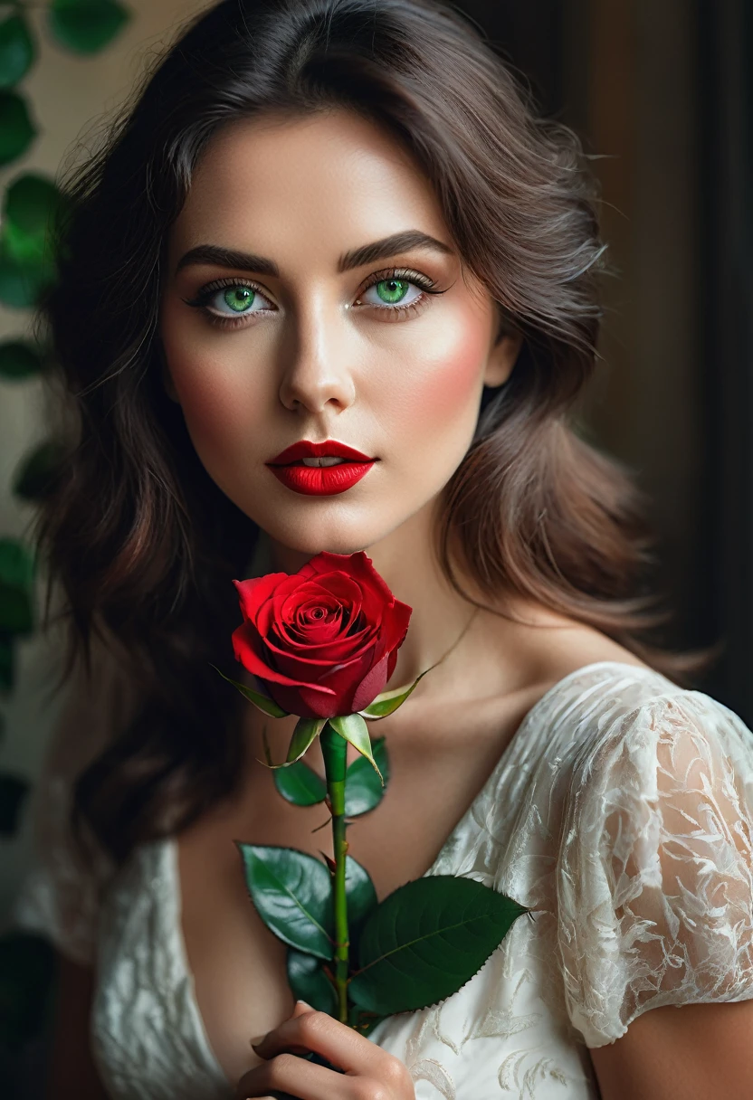 a woman with green eyes, flawless skin, half body shot, holding a red rose, whimsical photography style, captured with an Arriflex 35BL camera using Canon K25 prime lenses, cinematic, dramatic lighting, ultra clear, breathtaking surreal masterpiece.
