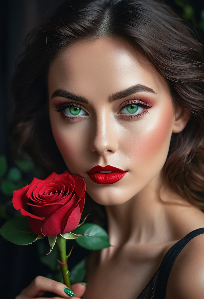 a woman with green eyes, flawless skin, half body shot, holding a red rose, whimsical photography style, captured with an Arriflex 35BL camera using Canon K25 prime lenses, cinematic, dramatic lighting, ultra clear, breathtaking surreal masterpiece.