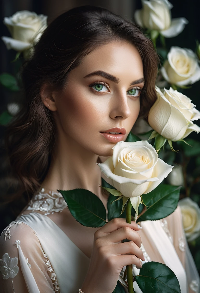 a woman with green eyes, flawless skin, half body shot, holding a white rose, whimsical photography style, captured with an Arriflex 35BL camera using Canon K25 prime lenses, cinematic, dramatic lighting, ultra clear, breathtaking surreal masterpiece.