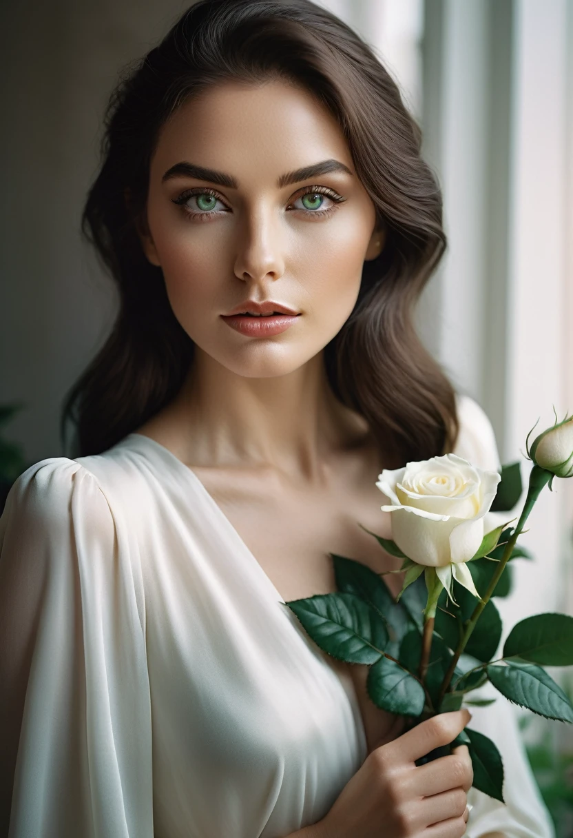 a woman with green eyes, flawless skin, half body shot, holding a white rose, whimsical photography style, captured with an Arriflex 35BL camera using Canon K25 prime lenses, cinematic, dramatic lighting, ultra clear, breathtaking surreal masterpiece.
