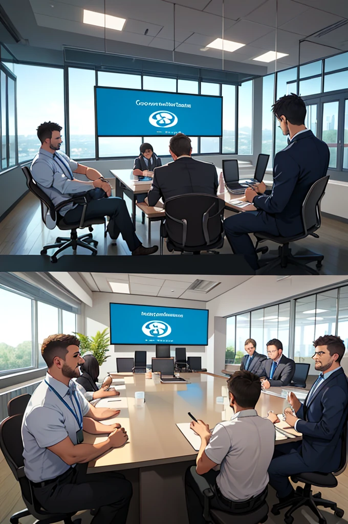(((Very Realistic))) Employees of a company in a meeting room discussing Corporate Social Responsibility: The relationship between socially responsible practices and business efficiency.