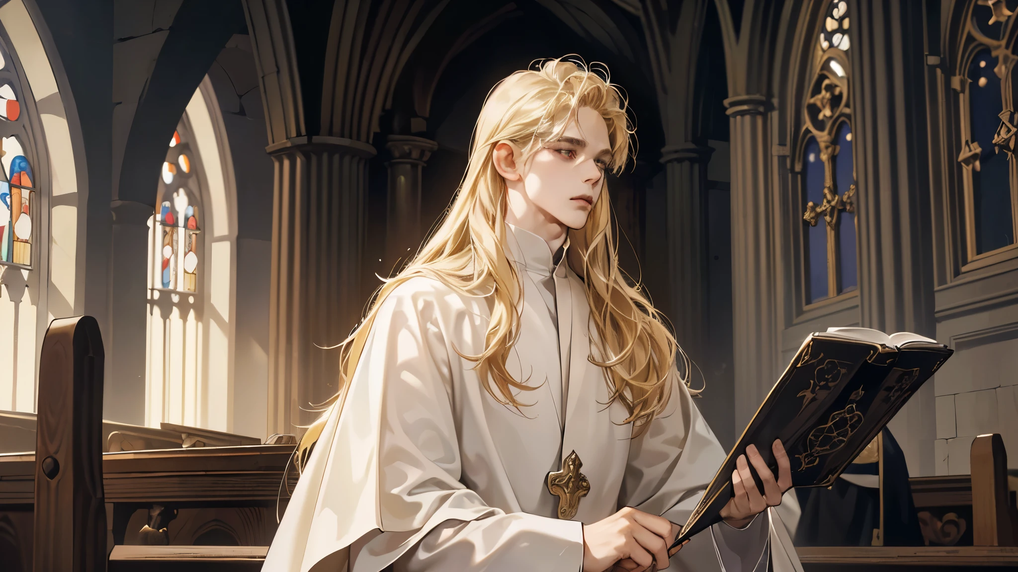 (old,priest-like,male face,detailed face,Ecclesiastical clothing,medieval time,religious works of art:1.1,dark background,rich colors,soft lighting) long hair, blonde hair, white robe, In the Gothic Church, white robe, cross, churchman, heavenly eyes