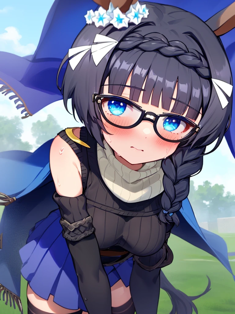 (((zenno rob roy, umamusume,))) braids, blunt cut, medium hair, braid, silver hair, blue eyes, droopy eyes, pale skin, glasses, cute face, huge breasts, blush, embarrassed, wet skin, shiny skin, sweat, steam, humid, ((((Turtleneck Sweater, Bare shoulder, black elbow gloves, blue corset skirt, black thighhighs, blue cape,)))) see-through,