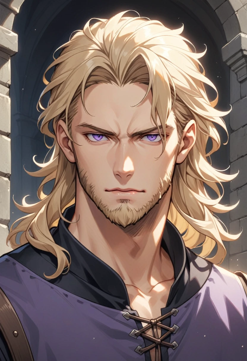 male, late 30s, blond, shoulder-length, middle-part wavy hair, light-purple, deep-set, Sanpaku eyes, slightly thick blond beard, aquiline and hooked nose, slightly underbite, chiseled, slightly long face, fearless expression, medieval European everyday wear, portrait