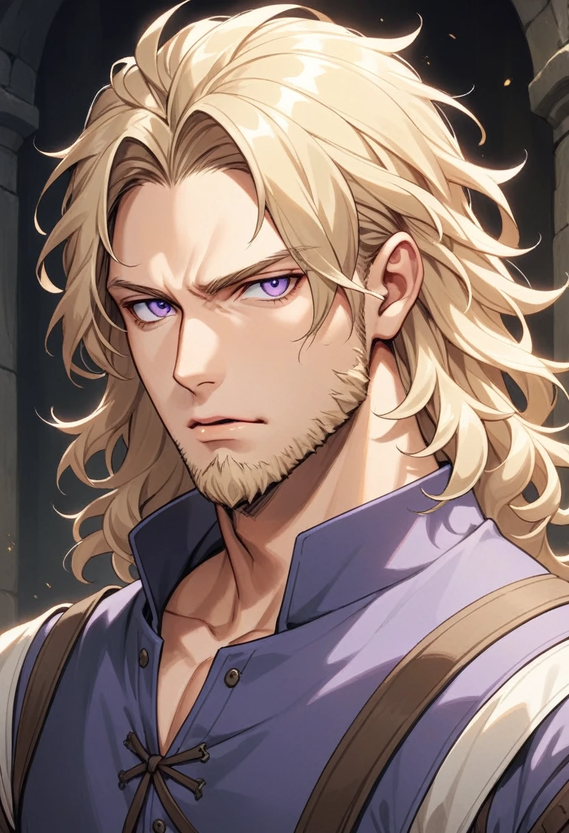 male, late 30s, blond, shoulder-length, middle-part wavy hair, light-purple, deep-set, Sanpaku eyes, slightly thick blond beard, aquiline and hooked nose, slightly underbite, chiseled, slightly long face, fearless expression, medieval European everyday wear, portrait