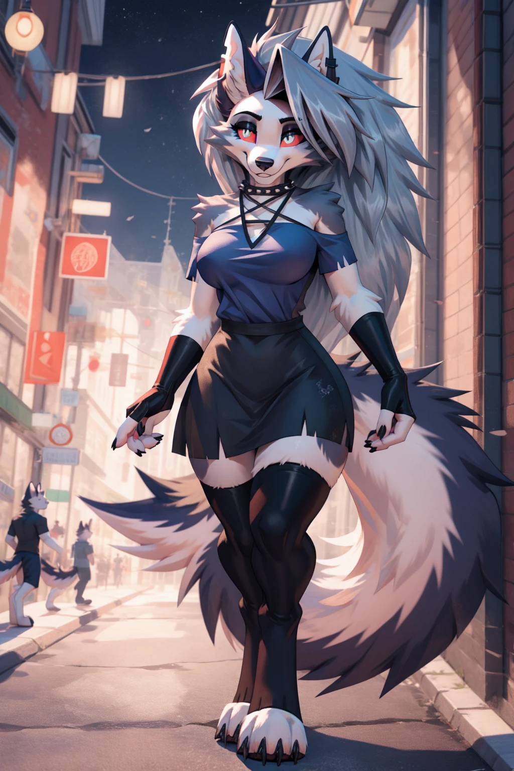 masterpiece, best quality, loona hellhound, loonacroptop, loonashorts, detailed face, detailed eyes, (slit pupils, white eyes), red sclera, happy, [smile,] fingerless gloves, large breast, wearing a red sleeveless strapless dress, tail, black stocking legging, digitigrade, standing, street, sunny rays 