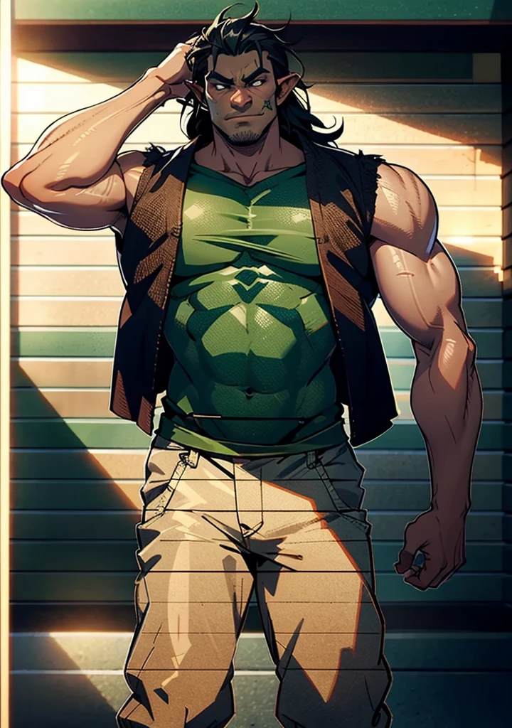 Tall, Muscular Half-Orc, greenskin, elf ears, black hair long