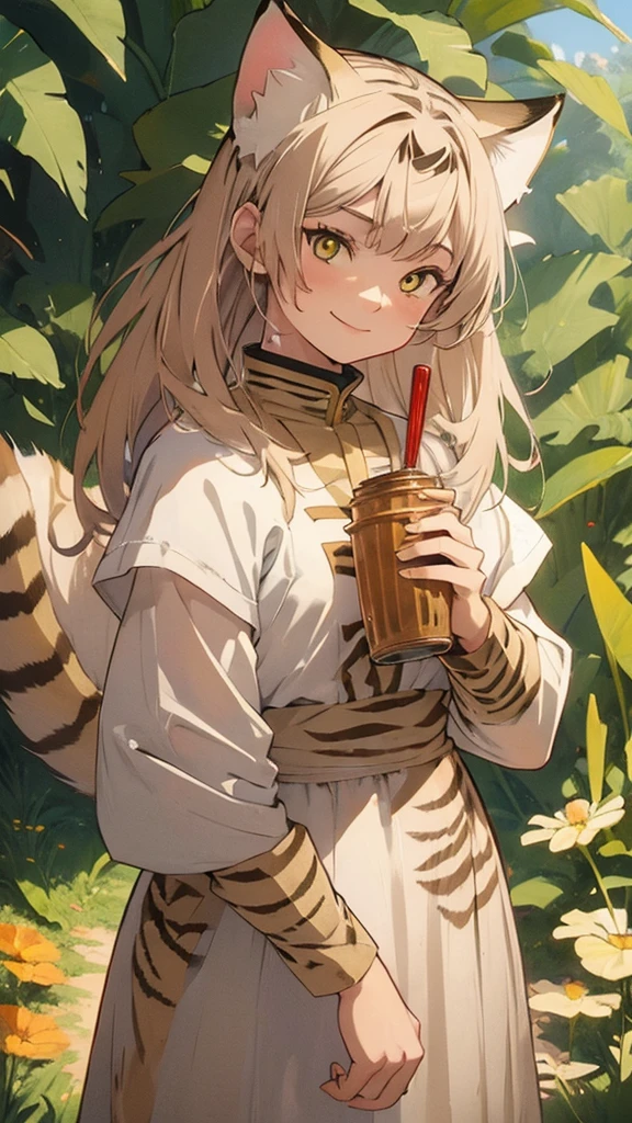 ((girl sand cat)), ((in african traditional clothes)), smile,  1.2:jug in hands    desert, very hot, a sun, wallpaper, manga art, professional art, ultra aesthetic, body detailed, hdr, pixive, masterpiece, 
