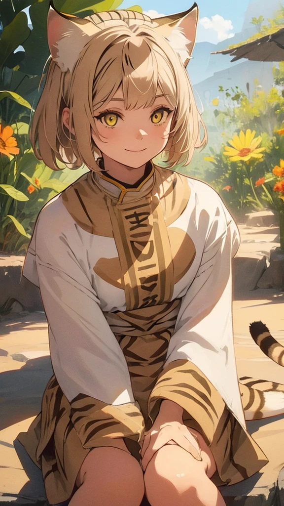 ((girl sand cat)), ((in african traditional clothes)), smile,  1.2:jug in hands    desert, very hot, a sun, wallpaper, manga art, professional art, ultra aesthetic, body detailed, hdr, pixive, masterpiece, 
