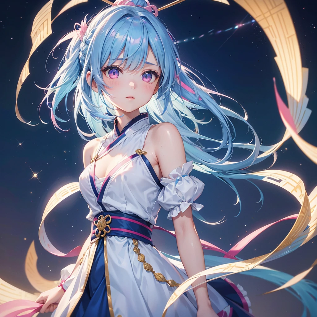 Sky blue hair, Braided Ponytail,(Pink Eyes),Fair skin ,(whole body),(One girl),Hanfu,Tanabata,(The beautiful, sparkling Milky Way in the night sky),Hollow Eyes,Straight bangs,(masterpiece, Highest quality, Very detailed, Best Shadow), (Detailed Background), (Beautifully detailed face), High Contrast, (Best lighting, Very delicate and beautiful), ((Cinematic Light)), colorful, Hyper Detail, Dramatic Light, Intricate details,