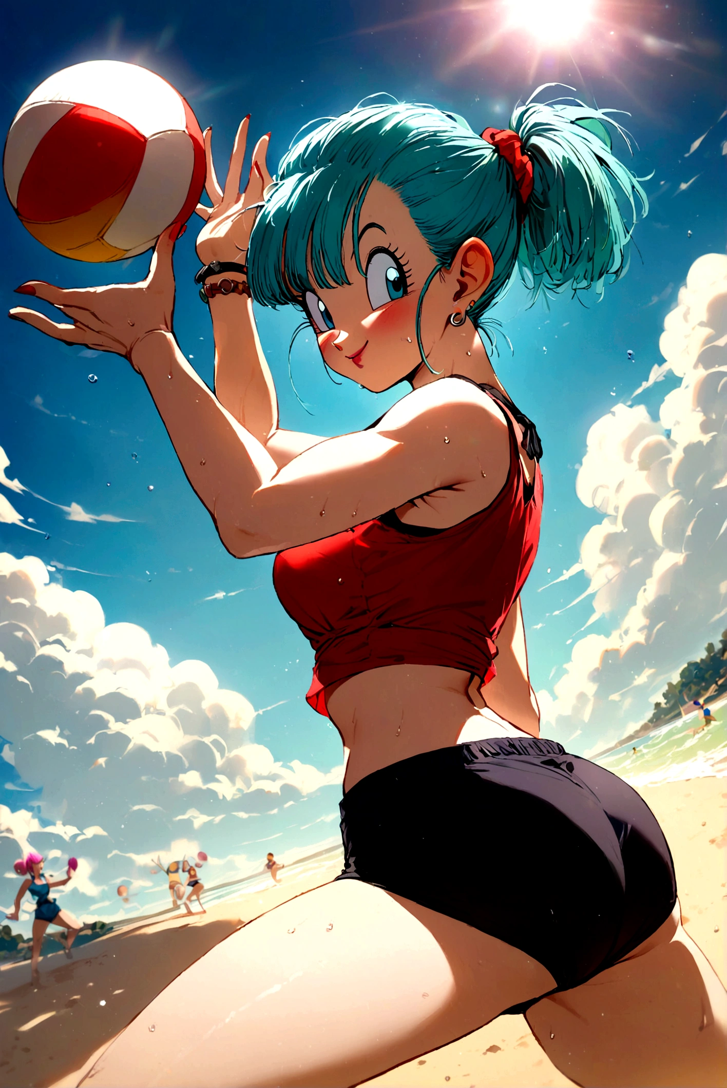 1boy, male focus, piccolo, dragon ball, playing beach volleyball