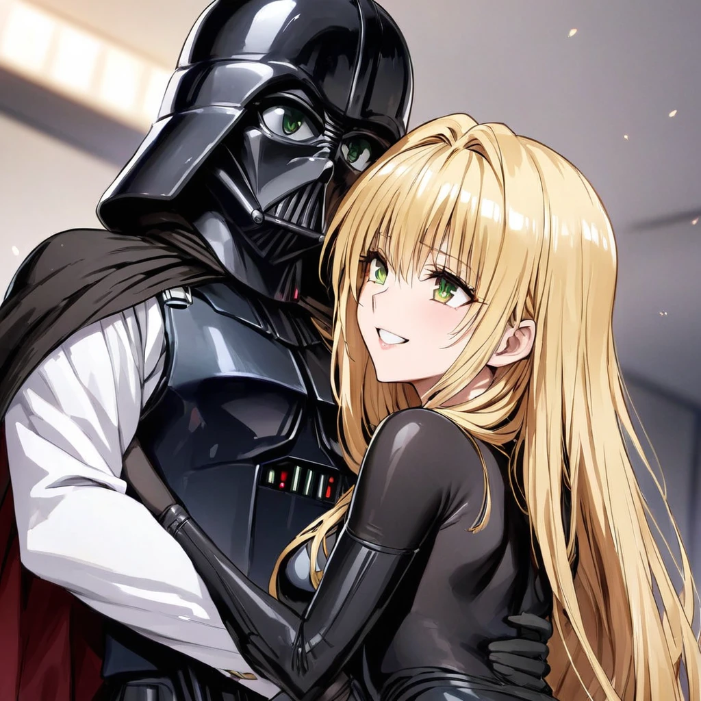 ((Highest quality)), ((masterpiece)), (detailed), （Perfect Face）、The woman is a Stormtrooper named Tiare, with green eyes, medium-long blonde hair, and is wearing a gorgeous black Stormtrooper bodysuit with gold patterns and trim, a gorgeous black cape, and a Darth Vader helmet.、The woman loves Darth Vader and smiles sweetly at him as she leans against him, and Darth Vader holds the woman close.