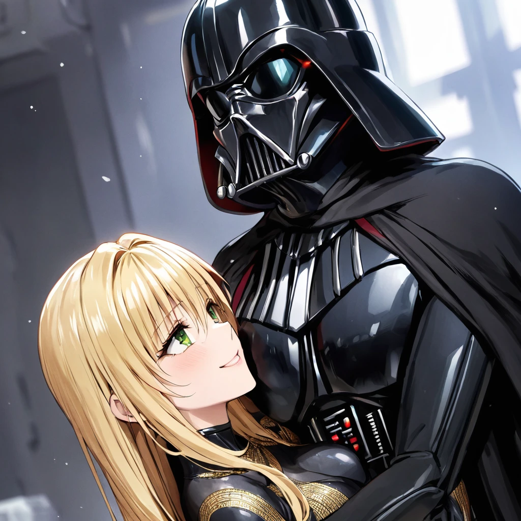 ((Highest quality)), ((masterpiece)), (detailed), (Perfect Face)、The woman is a Stormtrooper named Tiare, with green eyes, medium-long blonde hair, and is wearing a gorgeous black Stormtrooper bodysuit with gold patterns and trim, a gorgeous black cape, and a Darth Vader helmet.、The woman loves Darth Vader and smiles sweetly at him as she leans against him, and Darth Vader holds the woman close.