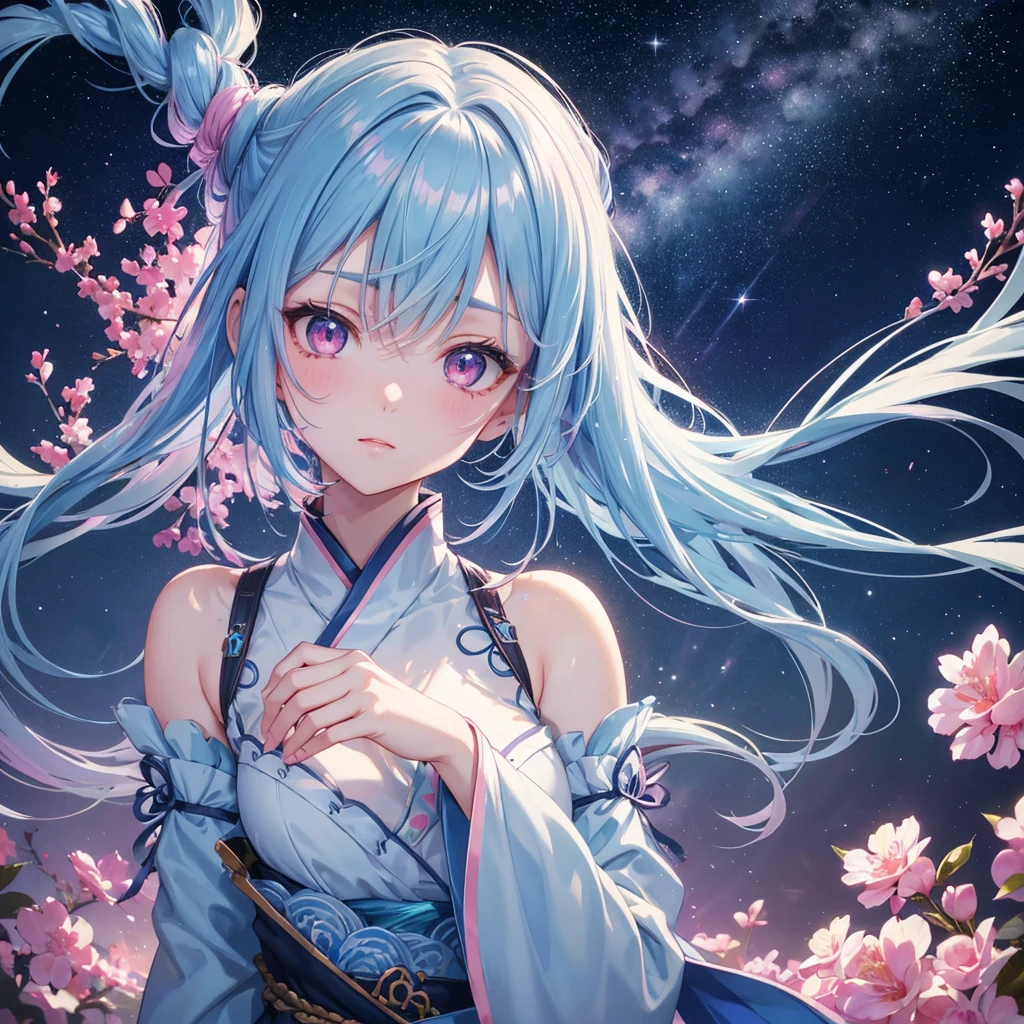 Sky blue hair, Braided Ponytail,(Pink Eyes),Fair skin ,(whole body),(One girl),Hanfu,Tanabata,(The beautiful, sparkling Milky Way in the night sky),Hollow Eyes,Straight bangs,(masterpiece, Highest quality, Very detailed, Best Shadow), (Detailed Background), (Beautifully detailed face), High Contrast, (Best lighting, Very delicate and beautiful), ((Cinematic Light)), colorful, Hyper Detail, Dramatic Light, Intricate details,
