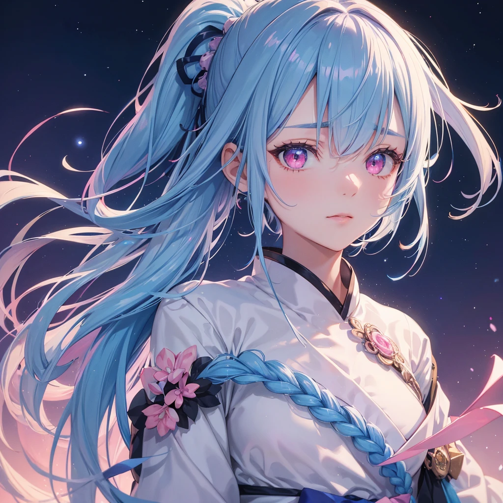 Sky blue hair, Braided Ponytail,(Pink Eyes),Fair skin ,(whole body),(One girl),Hanfu,Tanabata,(The beautiful, sparkling Milky Way in the night sky),Hollow Eyes,Straight bangs,(masterpiece, Highest quality, Very detailed, Best Shadow), (Detailed Background), (Beautifully detailed face), High Contrast, (Best lighting, Very delicate and beautiful), ((Cinematic Light)), colorful, Hyper Detail, Dramatic Light, Intricate details,