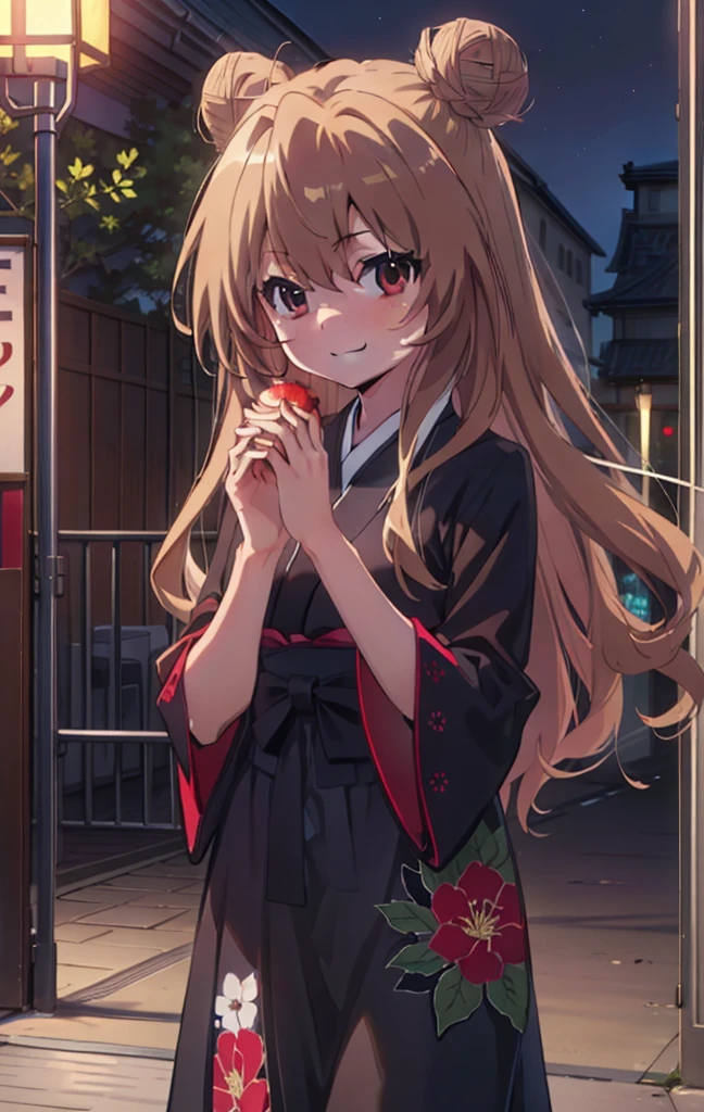 taiga aisaka, taiga aisaka, Long Hair, Brown Hair, Brown eyes,happy smile, smile, Close your mouth,Hair Bun, single  Hair Bun,Black kimono,Thick sleeves,,日本のfestival,夏festivalの屋台,Red lantern,night,As if your whole body is in the illustration,Walking,　　　　　　　　　　　　　　　  break looking at viewer, Upper Body (Cowboy Shot:1. 5),  　　　　　
break outdoors, festival,
break (masterpiece:1.2), Highest quality, High resolution, unity 8k wallpaper, (shape:0.8), (Beautiful attention to detail:1.6), Highly detailed face, Perfect lighting, Highly detailed CG, (Perfect hands, Perfect Anatomy),