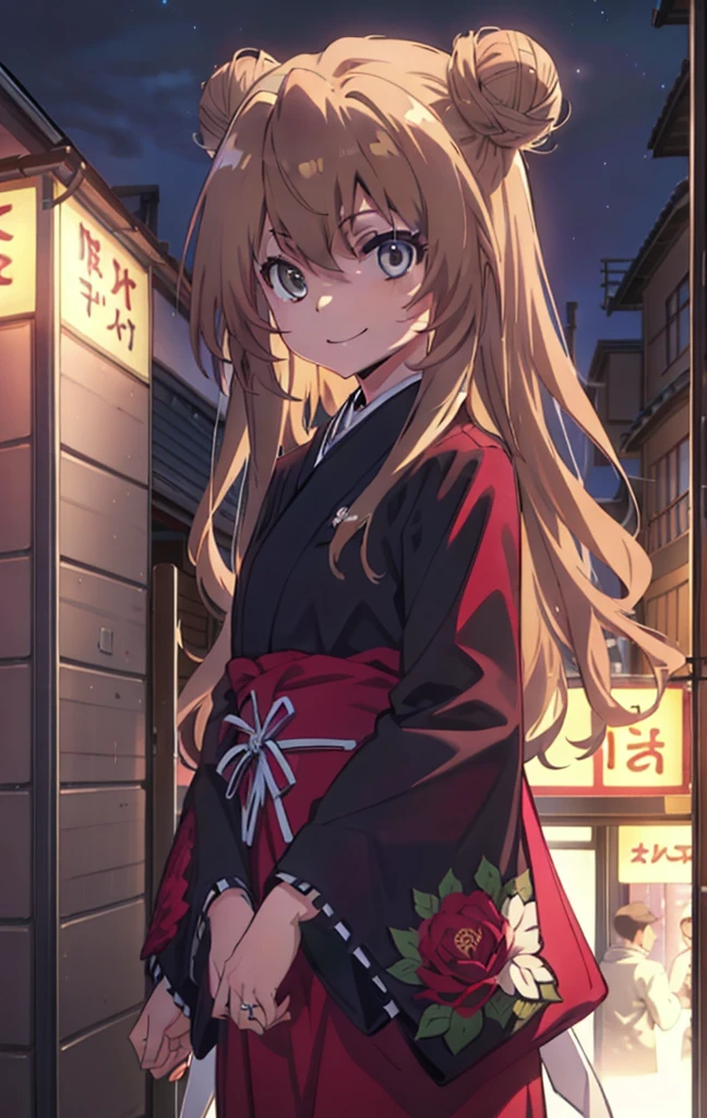 taiga aisaka, taiga aisaka, Long Hair, Brown Hair, Brown eyes,happy smile, smile, Close your mouth,Hair Bun, single Hair Bun,Black kimono,Thick sleeves,,日本のfestival,夏festivalの屋台,Red lantern,night,As if your whole body is in the illustration,Walking, break looking at viewer, Upper Body (Cowboy Shot:1. 5),
break outdoors, festival,
break (masterpiece:1.2), Highest quality, High resolution, unity 8k wallpaper, (shape:0.8), (Beautiful attention to detail:1.6), Highly detailed face, Perfect lighting, Highly detailed CG, (Perfect hands, Perfect Anatomy),