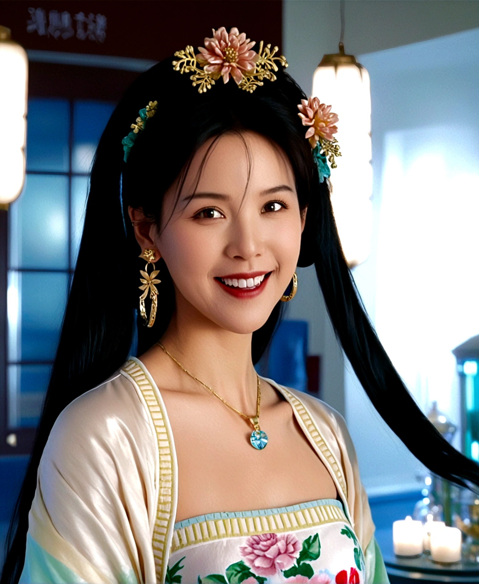 1girl, solo, smile, black hair, jewelry, earrings, grin, cosplay, parody, realistic