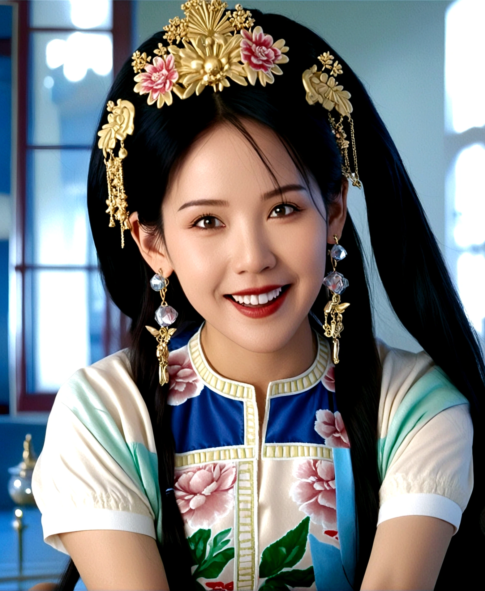 1girl, solo, smile, black hair, jewelry, earrings, grin, cosplay, parody, realistic