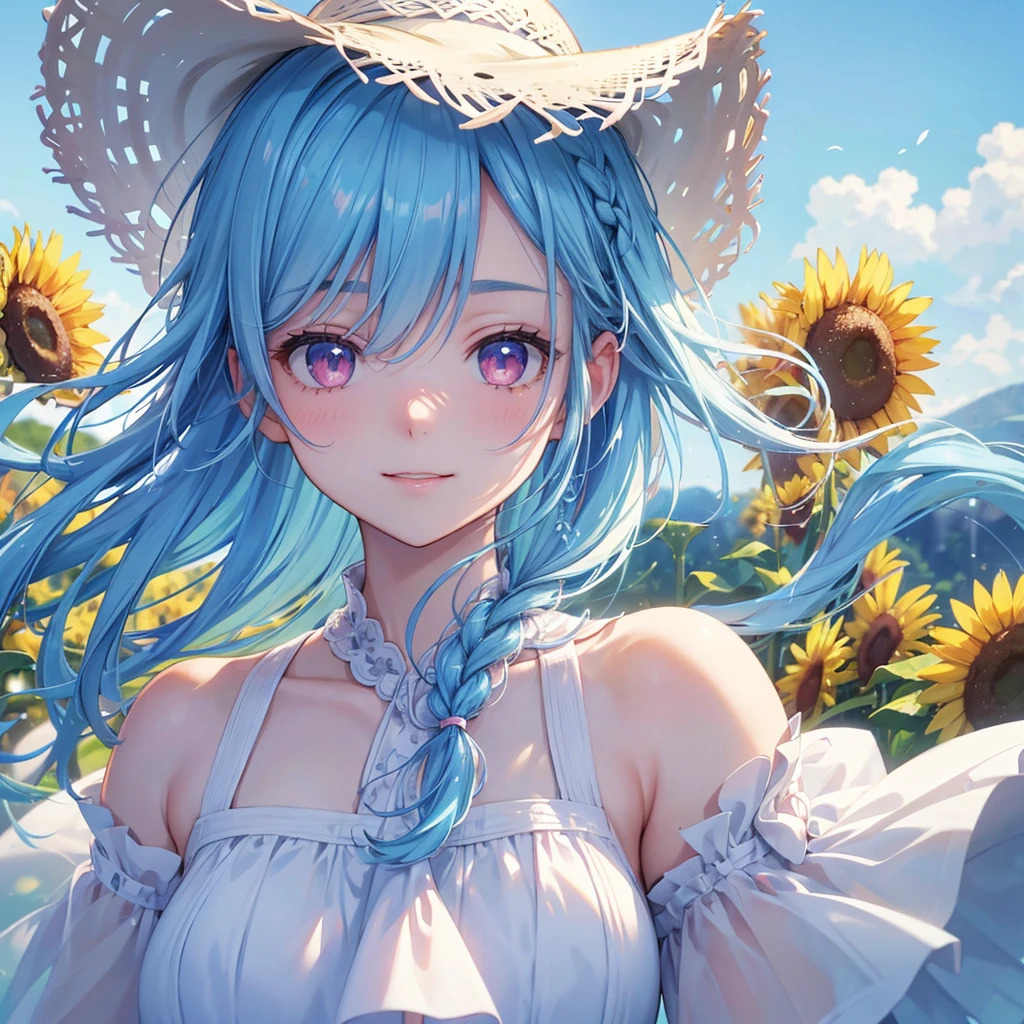 Sky blue hair, Braided Ponytail,(Pink Eyes),Fair skin ,(whole body),(One girl),summer,Sunflower field,White dress,Straight bangs,Happy smile,Straw hat,(masterpiece, Highest quality, Very detailed, Best Shadow), (Detailed Background), (Beautifully detailed face), High Contrast, (Best lighting, Very delicate and beautiful), ((Cinematic Light)), colorful, Hyper Detail, Dramatic Light, Intricate details,summerの暑い日差し,