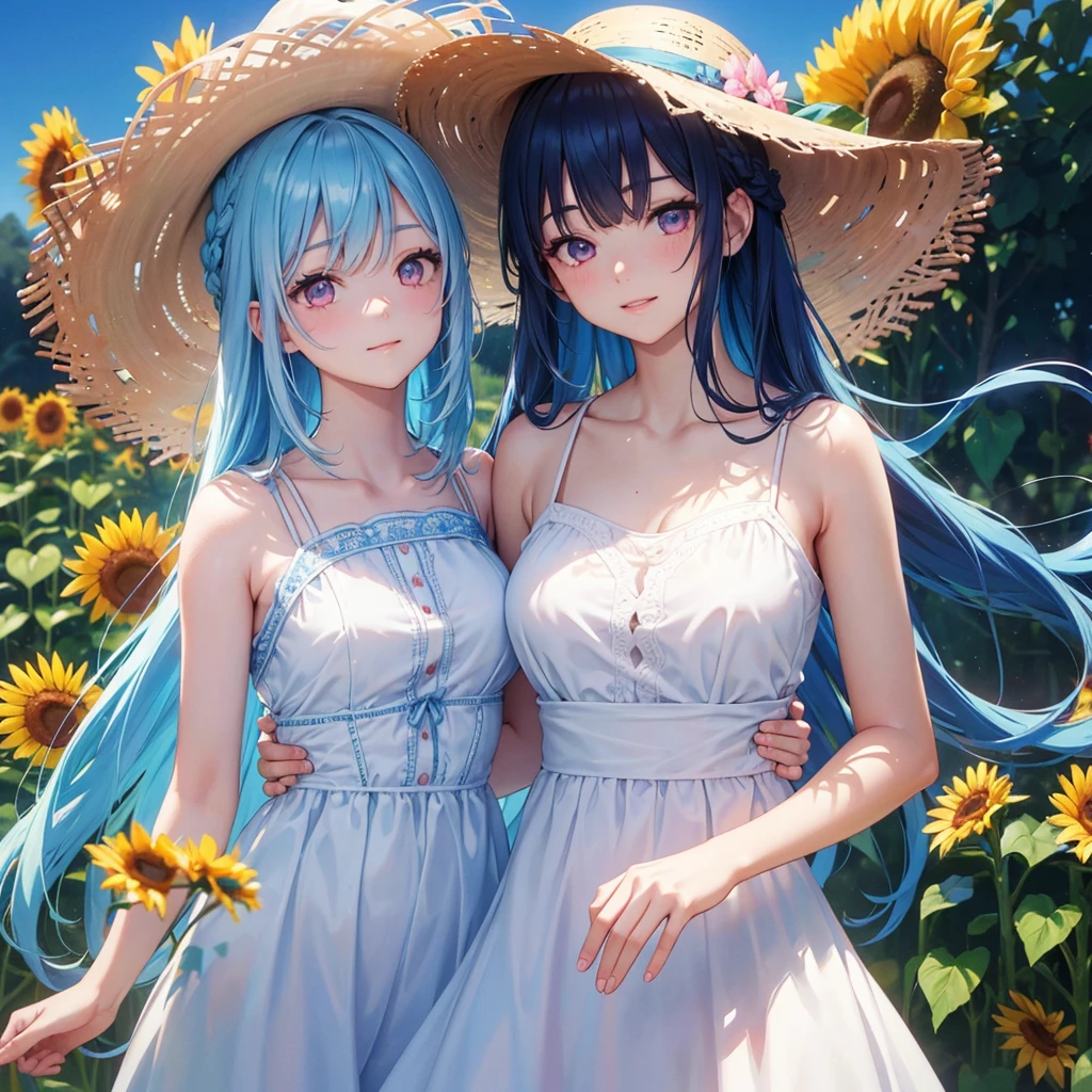 Sky blue hair, Braided Ponytail,(Pink Eyes),Fair skin ,(whole body),(One girl),summer,Sunflower field,White dress,Straight bangs,Happy smile,Straw hat,(masterpiece, Highest quality, Very detailed, Best Shadow), (Detailed Background), (Beautifully detailed face), High Contrast, (Best lighting, Very delicate and beautiful), ((Cinematic Light)), colorful, Hyper Detail, Dramatic Light, Intricate details,summerの暑い日差し,