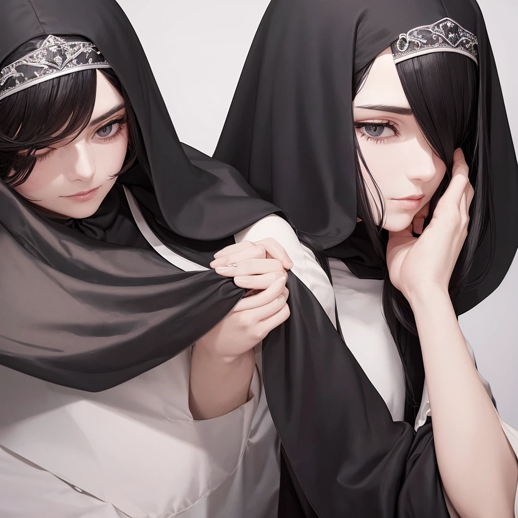 Beautiful lady, with black long hair, nun, scratches on face, Black Closed Clothing, Large cloak, costs