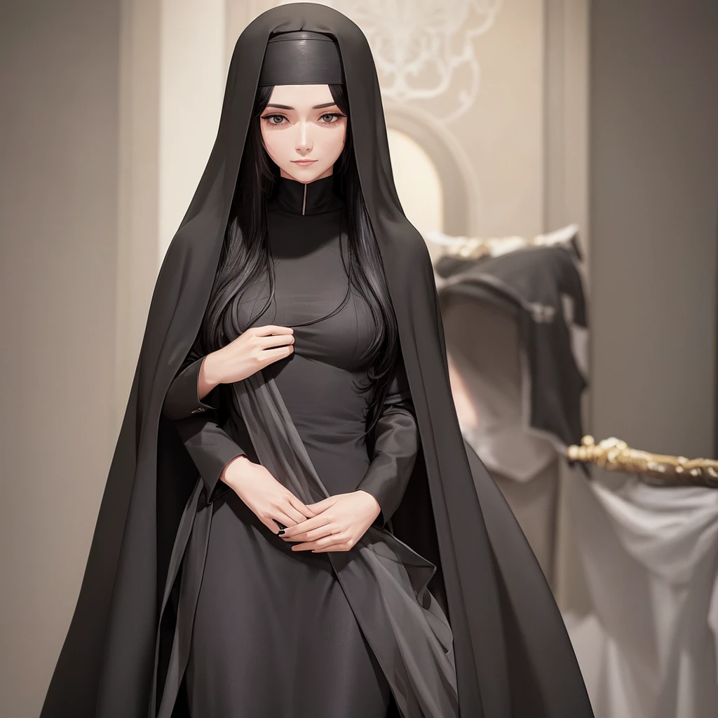 Beautiful lady, with black long hair, nun, scratches on face, Black Closed Clothing, Large cloak, costs