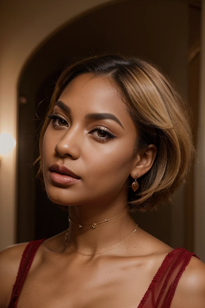 "Creates an image of a dark-skinned woman with a short blonde bob hairstyle, posing for a modeling shoot. She has impeccable makeup with well-defined eyebrows, strong black eyeliner, voluminous eyelashes, and lips shiny roses. She wears a nose piercing and a cherry earring. The scene is professionally lit, highlighting the details of her makeup and hair. She is dressed in an elegant red dress. and poses in profile, with one hand on the hip and the other slightly raised towards his face."