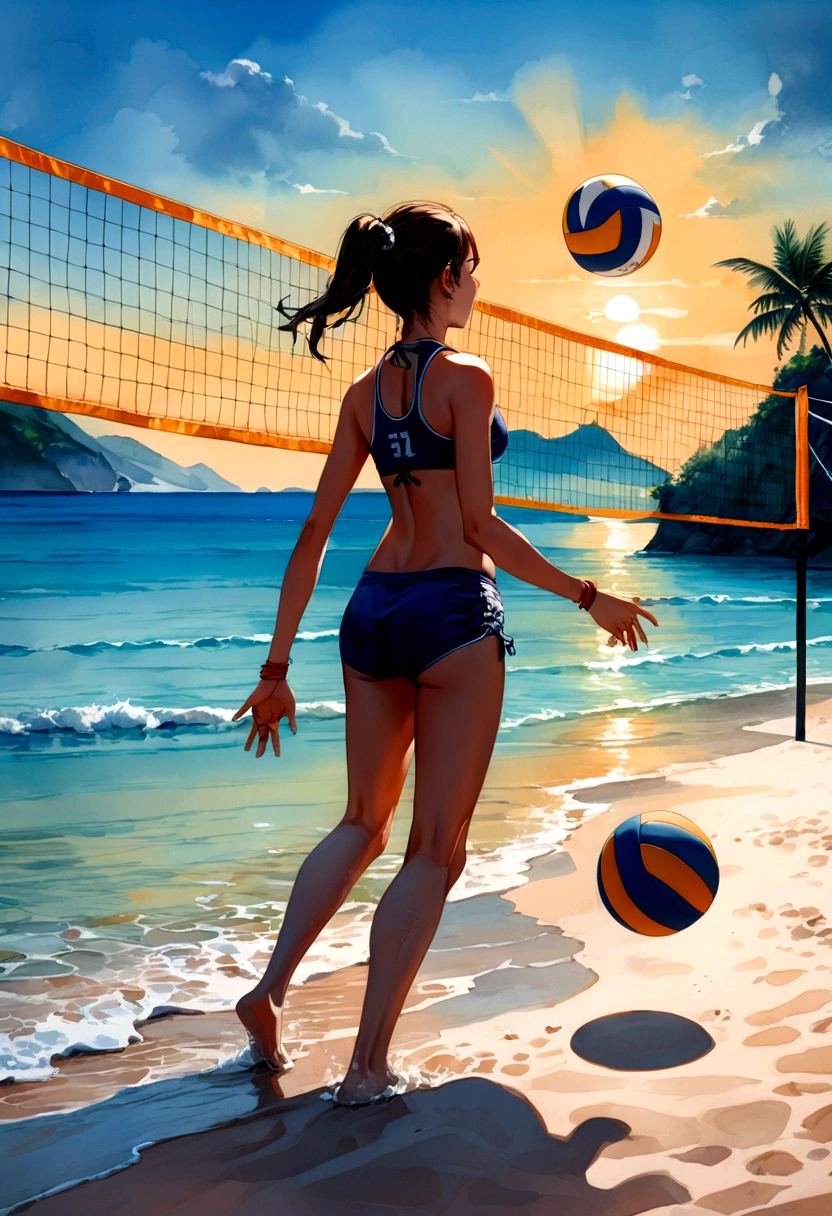1girl, Beach Volleyball, watercolor painting of a volleyball, in the water on a beach, soft multilayered, perfect composition, complementary colors, fine details, masterpiece, best quality, very aesthetic, absurdres