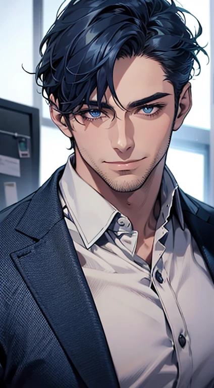 (best quality,4k,8k,highres,masterpiece:1.2),ultra-detailed,(realistic,photorealistic,photo-realistic:1.37),1 man,31 years old,mature man,very handsome,without expression smile in love,short blue hair,blue eyes,penetrating gaze,perfect face without errors,imposing posture,businessman,office background,cinematic lighting,hdr image