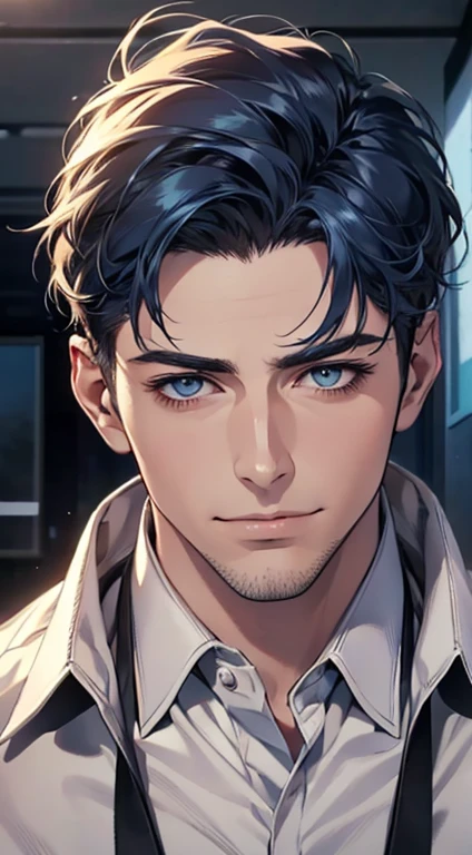 (best quality,4k,8k,highres,masterpiece:1.2),ultra-detailed,(realistic,photorealistic,photo-realistic:1.37),1 man,31 years old,mature man,very handsome,without expression smile in love,short blue hair,blue eyes,penetrating gaze,perfect face without errors,imposing posture,businessman,office background,cinematic lighting,hdr image