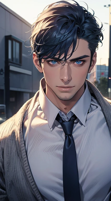 (best quality,4k,8k,highres,masterpiece:1.2),ultra-detailed,(realistic,photorealistic,photo-realistic:1.37),1 man,31 years old,mature man,very handsome,without expression smile in love,short blue hair,blue eyes,penetrating gaze,perfect face without errors,imposing posture,businessman,office background,cinematic lighting,hdr image