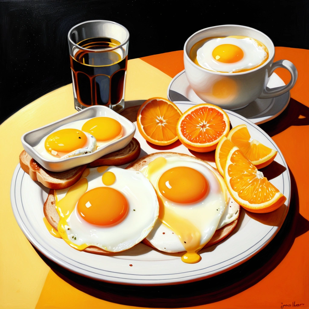there is a plate of breakfast food with orange slices and eggs, oil painting of breakfast, amazing food illustration, hearty breakfast, in style of digital illustration, by Tom Wänerstrand, highly detailed composition, by Joe Bowler, painterly illustration, photorealistic illustration, by Jeka Kemp, super realistic food picture, artistic illustration