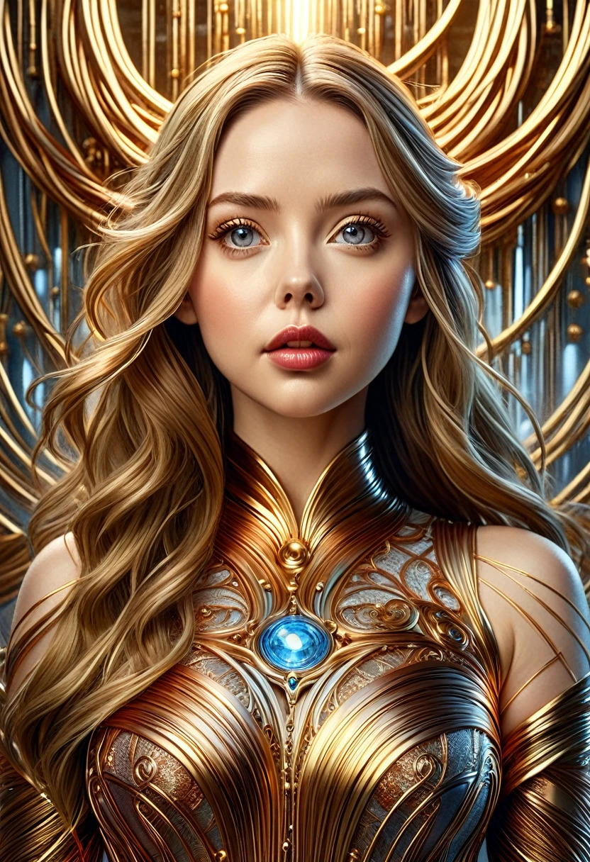 A stunning woman with hair made of intricate copper wires, cascading down like a metallic waterfall. She wears a dress fashioned from delicate, interwoven copper wires, glinting under the light. Her visage is a mesmerizing blend of Alison Brie, Scarlett Johansson, and Dove Cameron, creating a unique, symmetrical face that exudes elegance and grace. The entire scene is rendered in photorealistic quality, capturing every fine detail with stunning clarity. The overall artwork is a masterpiece, presented in 8K high resolution, showcasing the top-quality craftsmanship and artistic vision.